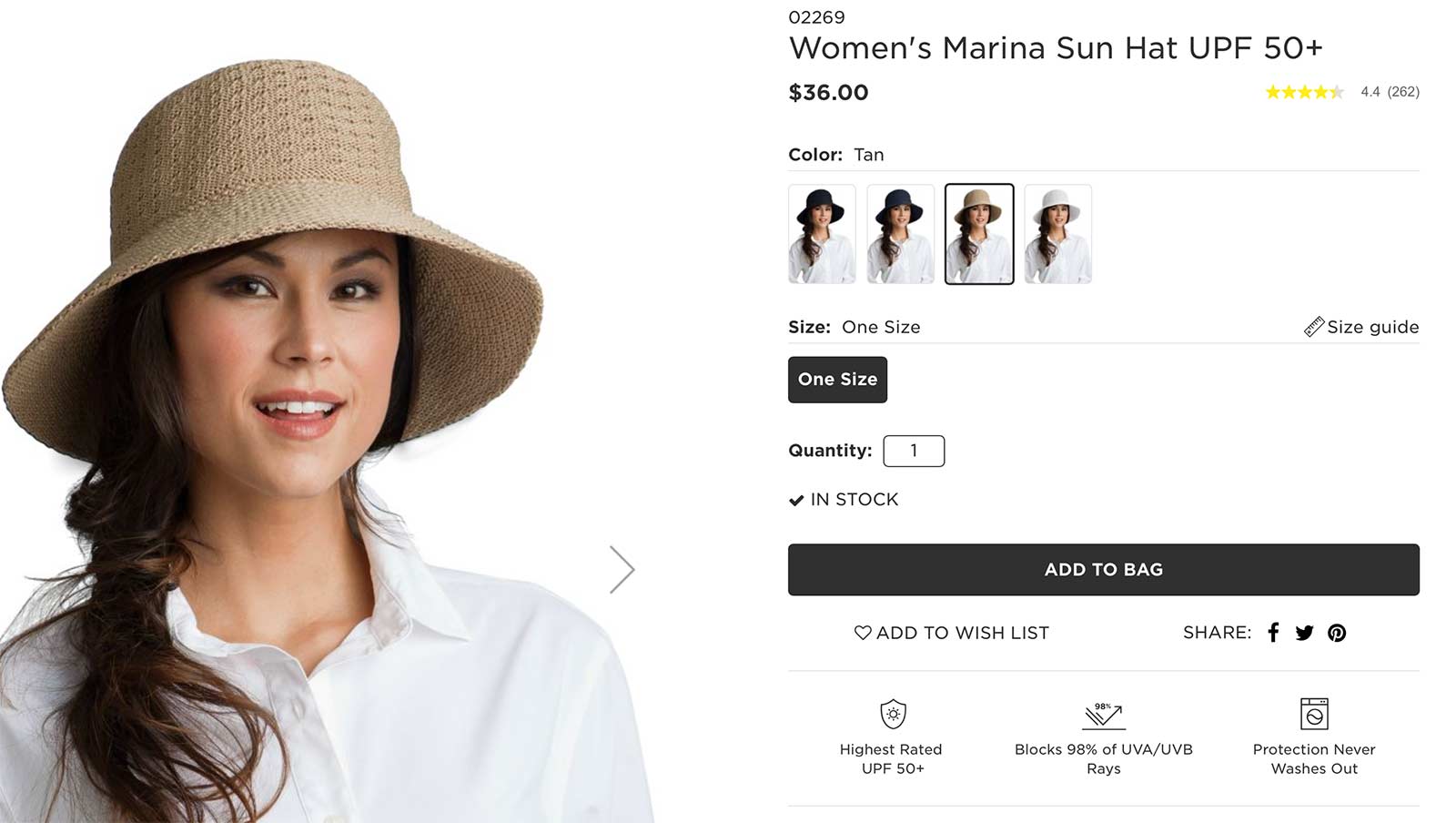 Coolibar product page with woman wearing a sun hat Coolibar product page with woman wearing a sun hat