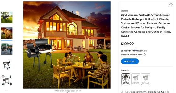 Giant-ized products via failed imagery Image of a house and backyard, where a family is eating. A gas grill is close by the backyard table and chairs, and appears too large in comparison to the people.