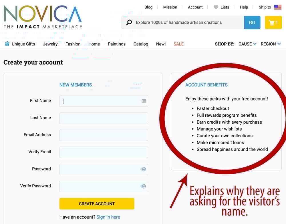 Novica account creation page