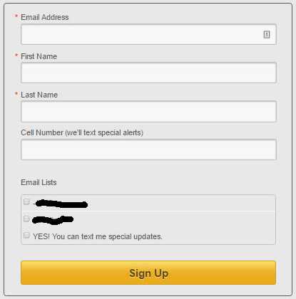Simple texting and email signup form. Including the SMS signup as part of the email list form, or during the checkout process, can increase the number of subscribers. It's also easier for new subscribers than texting a keyword to a special number.