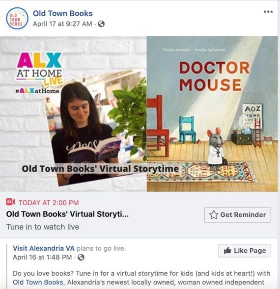Old Town Books Facebook post hyping a virtual storytelling event. Old Town Books Facebook post hyping a virtual storytelling event.