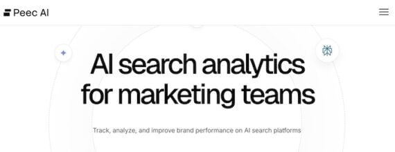 Peec AI home page with headline "AI search analytics for marketing teams" and subtext "Track, analyze, and improve brand performance on AI search platforms."