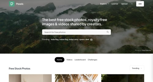 Screenshot of Pexels home page. Screenshot of Pexels home page.