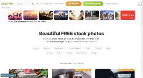 Screenshot of picjumbo home page. Screenshot of picjumbo home page.