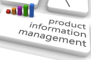 Illustration of the words "product information management" on a keyboard
