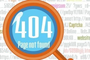 "404 page not found" below a magnifying glass