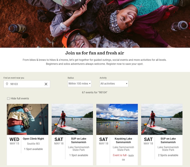 REI's in-store experiences are integrated into its digital presence and tailored to nearby shoppers, such as these events for Seattle-area residents.