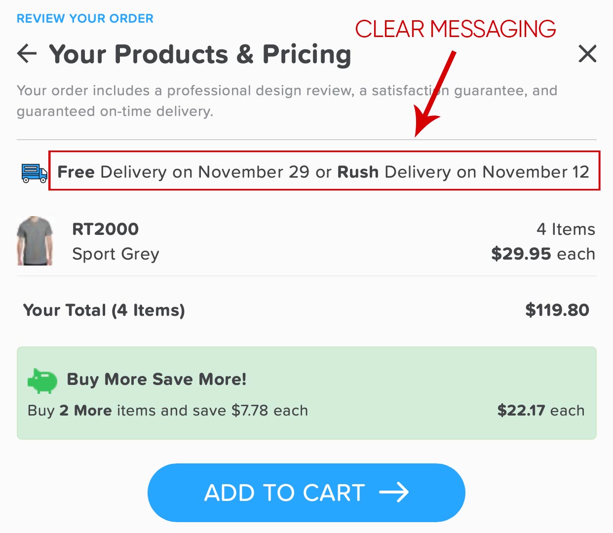 Rush Order Tees' Clear Production Time Messaging Production time messaging on a product page