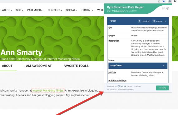 Screenshot of Ryte Structured Data Helper in top right of Chrome browser