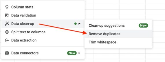 Screenshot of Google Sheet menu to remove duplicates Screenshot of Google Sheet menu to remove duplicates