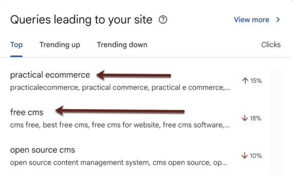 Screenshot of Search Console's Insights keyword trends report. Screenshot of Search Console's Insights keyword trends report.