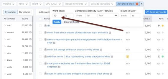 Screenshot of Semrush's Advance filters. Screenshot of Semrush's Advance filters.