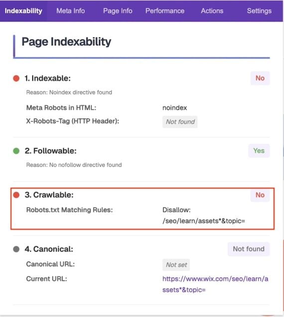 Sample audit report from SEO X-Ray Audit report screenshot from SEO X-Ray showing page indexability issues. The page is not indexable due to a 'noindex' directive, is followable, but not crawlable due to robots.txt disallow rules. Canonical URL is not set. Current URL is a Wix SEO learn page.
