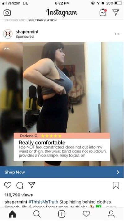 Shapermint's Instagram ads use the same #ThisIsMyTruth hashtag as its viral campaigns, as do the Facebook ads.