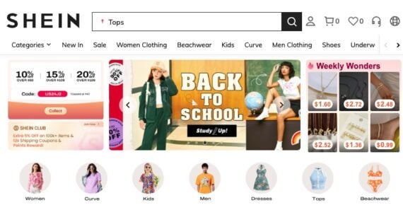 Shein home page Shein home page