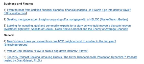 Sample Sources of Sources newsletter showing two categories, each with three requests from journalists. Sample Sources of Sources newsletter showing two categories, each with three requests from journalists.