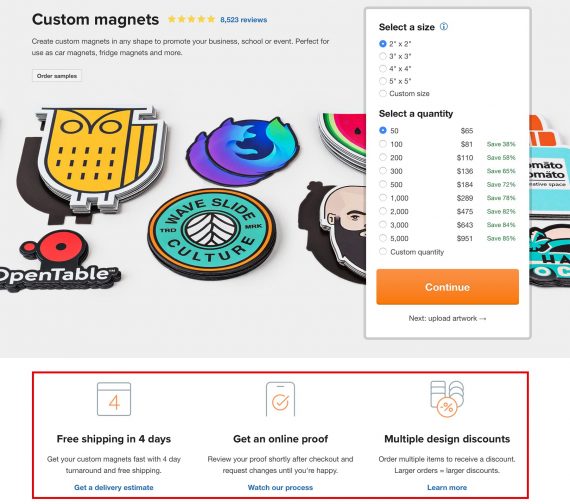 Use labels on product pages to convey key information. Sticker Mule product page with info about online proofs and multiple design discounts