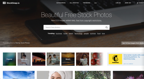Screenshot of StockSnap home page. Screenshot of StockSnap home page.