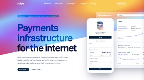 Home page of Stripe