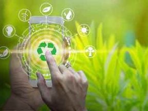 Hand holding smartphone with environment icons