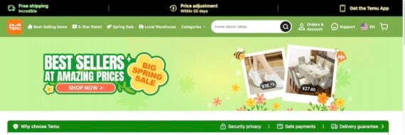 Home page of Temu on a web browser Home page of Temu on a web browser