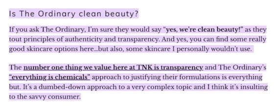 Screenshot of a text excerpt from TNK Beautry questioning if The Ordinary, a competitor, is “clean beauty.” Screenshot of a text excerpt from TNK Beautry questioning if The Ordinary, a competitor, is “clean beauty.”