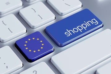 Illustration of the E.U. flag and the word "shopping" on a keyboard