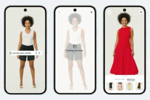 Screenshot of Google's virtual try-on feature showing a female with 3 dresses