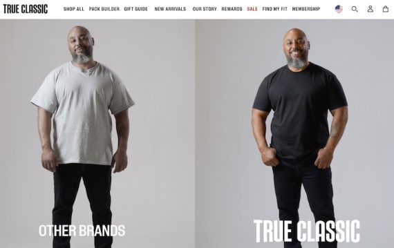 True Classic's home page showing a male wearing a t-shirt True Classic's home page showing a male wearing a t-shirt