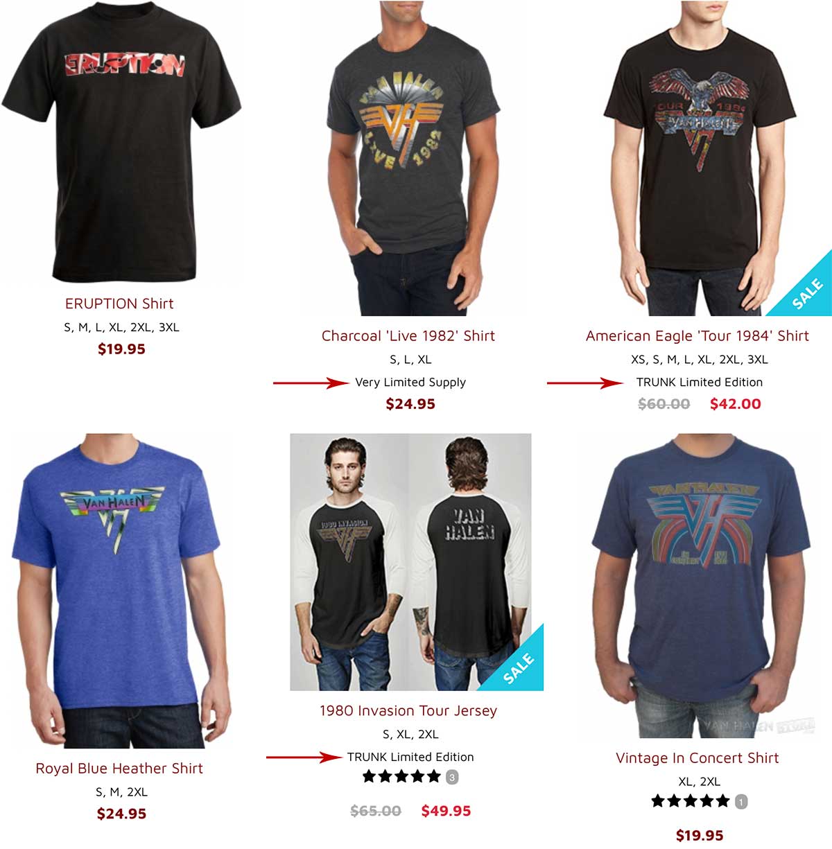 Use tiny descriptions on categories when appropriate. Category page of t-shirts. Under some are words telling shoppers available sizes, limited inventory and exclusives.