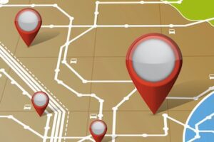 Illustration of a map with red store locator buttons on it