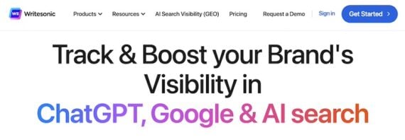 Writesonic home page with headline "Track & Boost your Brand's Visibility in ChatGPT, Google & AI search."