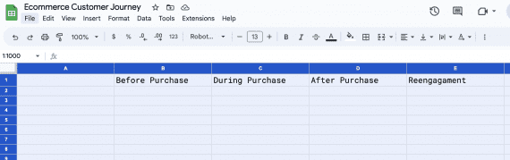 Screenshot of an spreadsheet showing the four regions: Before Purchase, During Purchase, After Purchase, and Reegagement. Screenshot of an spreadsheet showing the four regions: Before Purchase, During Purchase, After Purchase, and Reegagement.