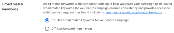 Interface in Google Ads admin for broad match keywords