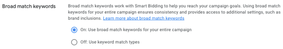 Screenshot of "broad match keywords" options Screenshot of "broad match keywords" options