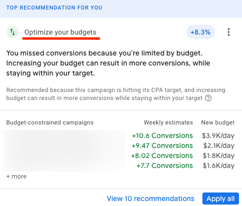 Screenshot of the "Optimize your budgets" recommendation. Screenshot of the "Optimize your budgets" recommendation.
