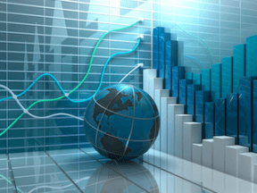 Illustration of a globe with finance charts in the background