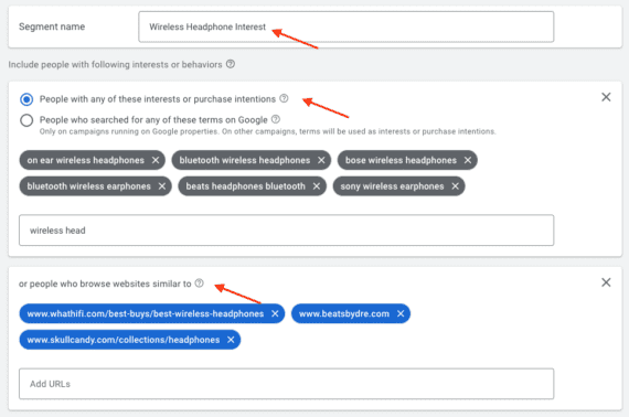 Screenshot of the Google Ads admin page for the custom segment. Screenshot of the Google Ads admin page for the custom segment.