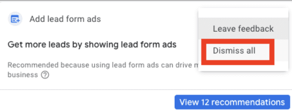 Screenshot of a recommendation reading "Add lead form ads." Screenshot of a recommendation reading "Add lead form ads."