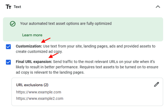 Google Ads admin panel showing automated text asset options. Google Ads admin panel showing automated text asset options. Customization and Final URL Expansion toggles are enabled, with two URL exclusions listed: example.com and example2.com.