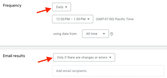 Screenshot of Google Ads screen for email frequency and the prompt. Screenshot of Google Ads screen for email frequency and the prompt.
