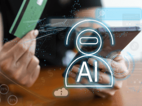 Illustration of person holding a credit card next to a laptop with "AI" letters superimposed