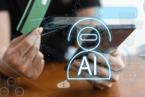 Illustration of person holding a credit card next to a laptop with "AI" letters superimposed