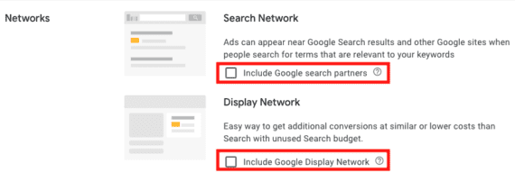 Google Ads admin page for Search and Display Networks