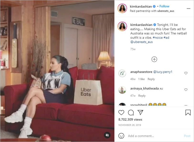 Kim Kardashian promoting Uber Eats on Instagram. Kim Kardashian promoting Uber Eats on Instagram.