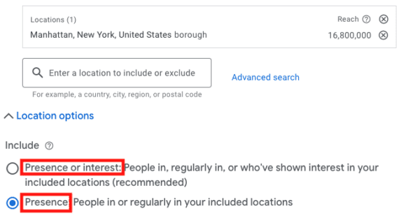 Google Ads page for location options.