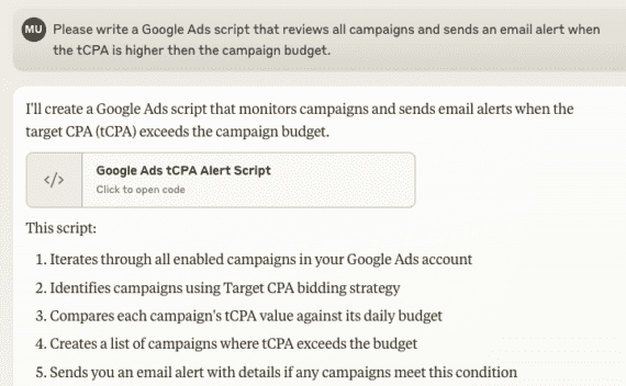 Sample prompt in Claude for the tCPA mismatch and Claude's response.