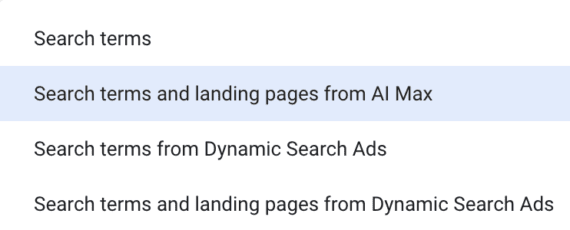 Screenshot of the "search term" options Screenshot of the "search term" options